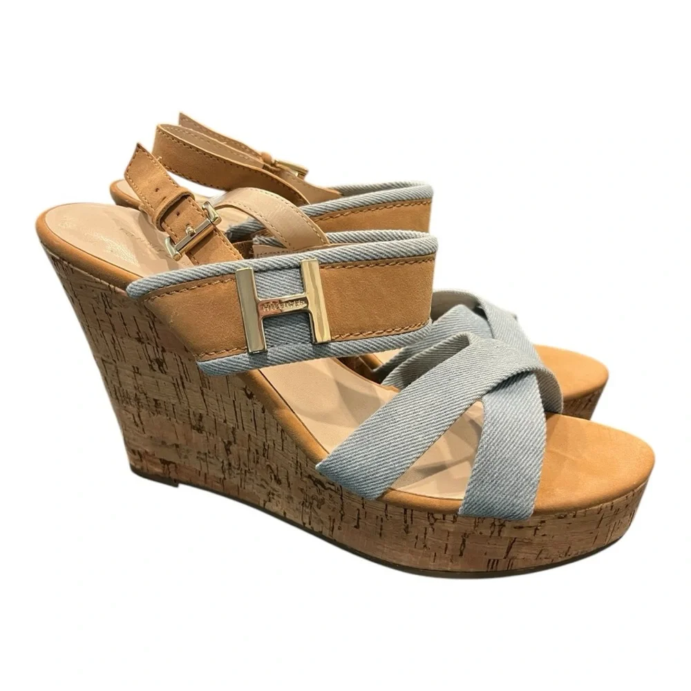 Tommy Hilfiger Denim and Tan Cork Gold‎ Hardware Wedges Size 9